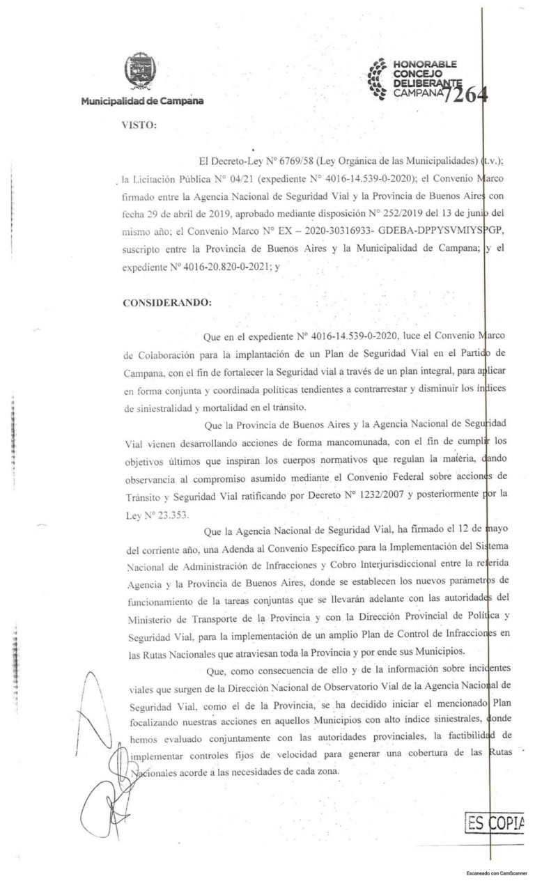 Acta acuerdo de las cámaras de seguridad en Campana H.C.D