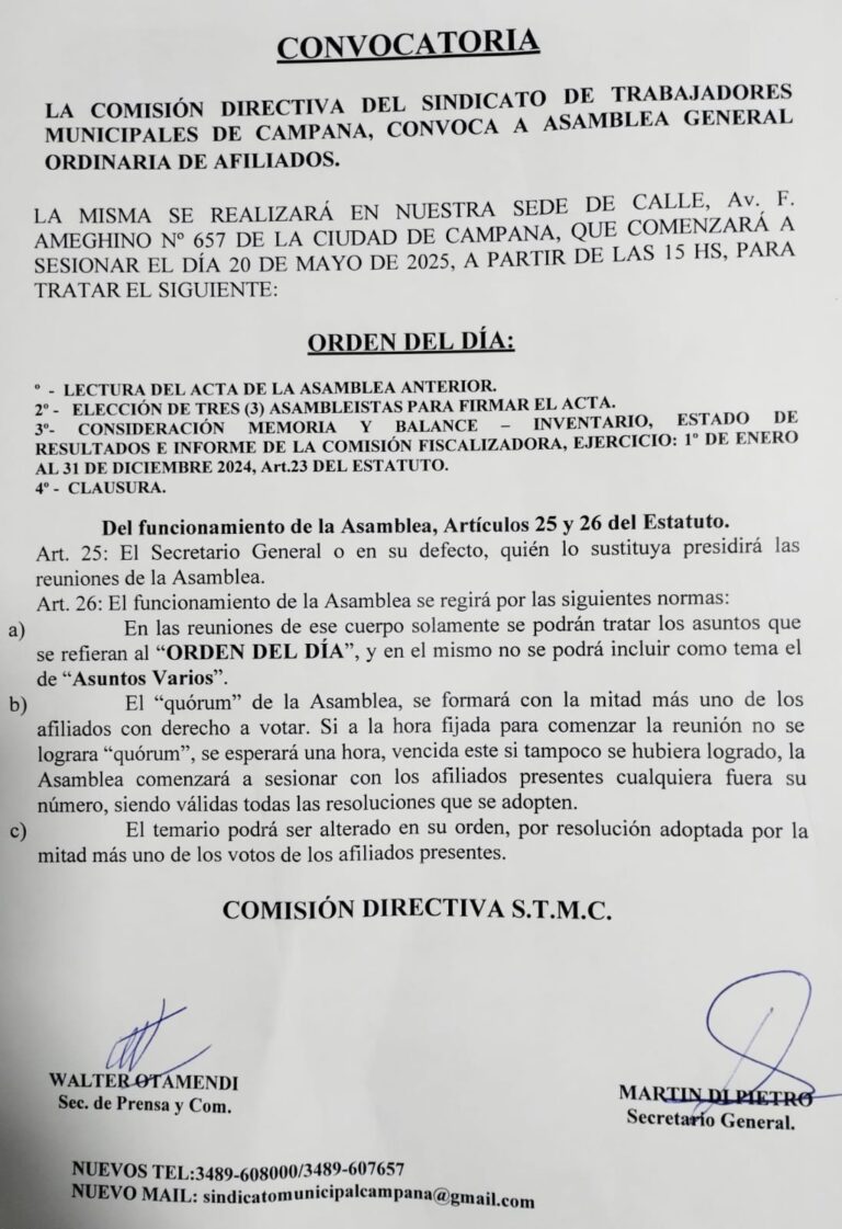 Convocatoria del sindicato de trabajadores municipales de campana
