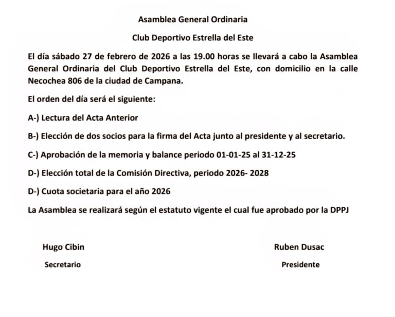 Asamblea General Ordinaria del Club Deportivo Estrella del Este.