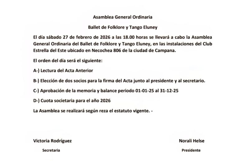 Asamblea General Ordinaria – Ballet de Folklore y Tango Eluney